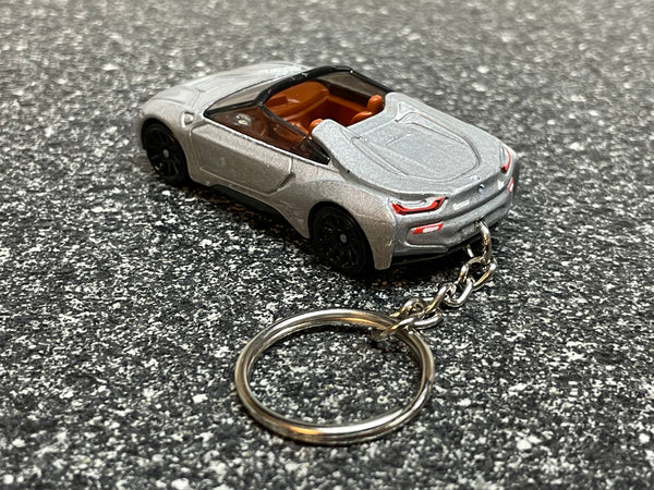 BMW i8 Roadster Convertible Keychain Silver Hot Wheels Matchbox