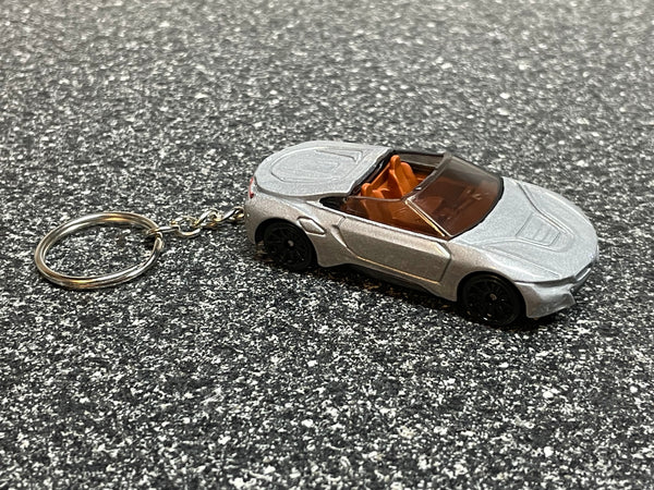 BMW i8 Roadster Convertible Keychain Silver Hot Wheels Matchbox