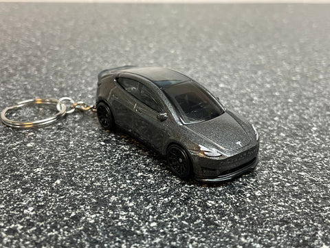 Tesla Model Y Keychain Gray Hot Wheels Matchbox Diecast Car